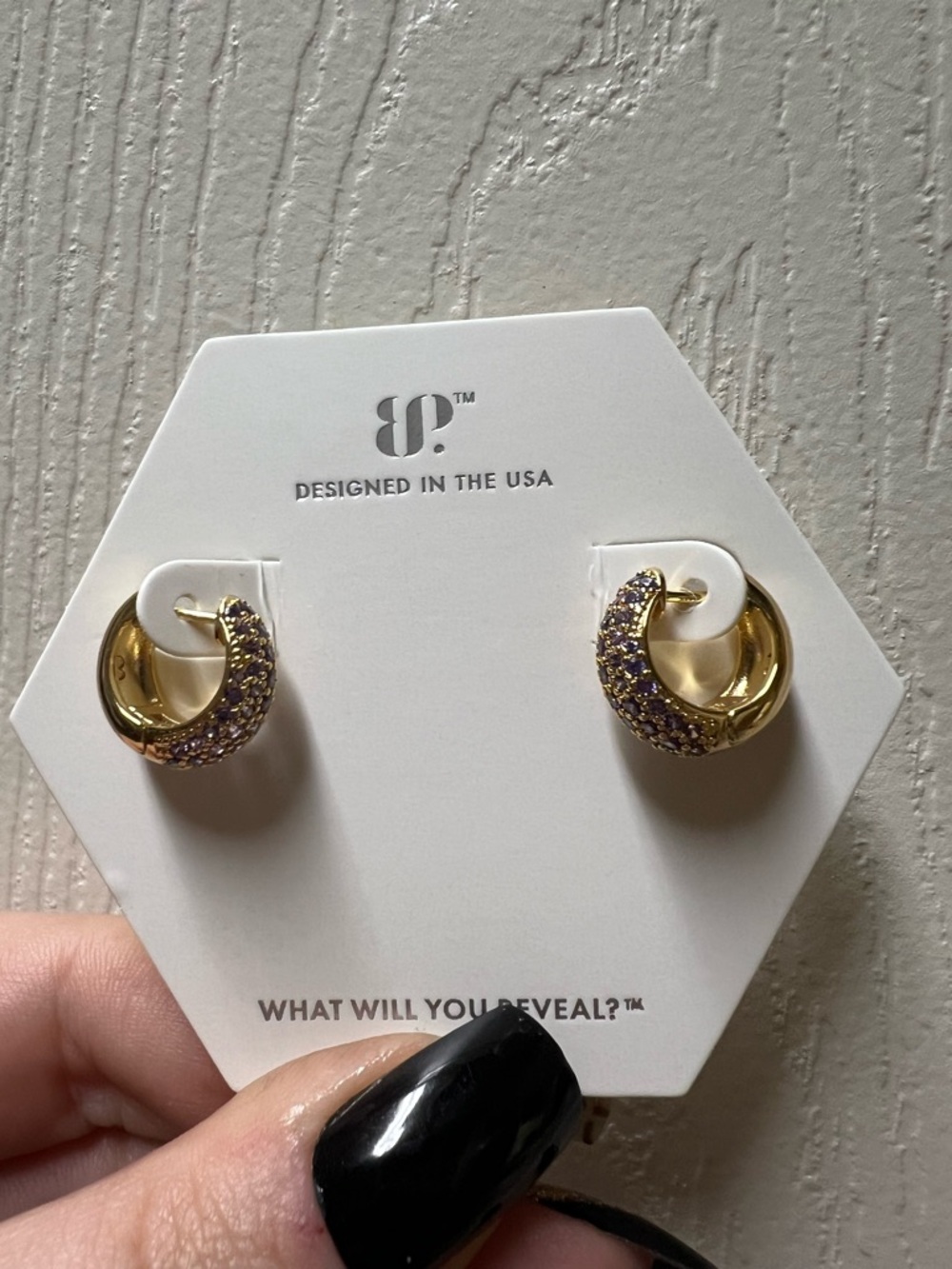 J. Crew Gold Huggie Earrings with Purple Crystals